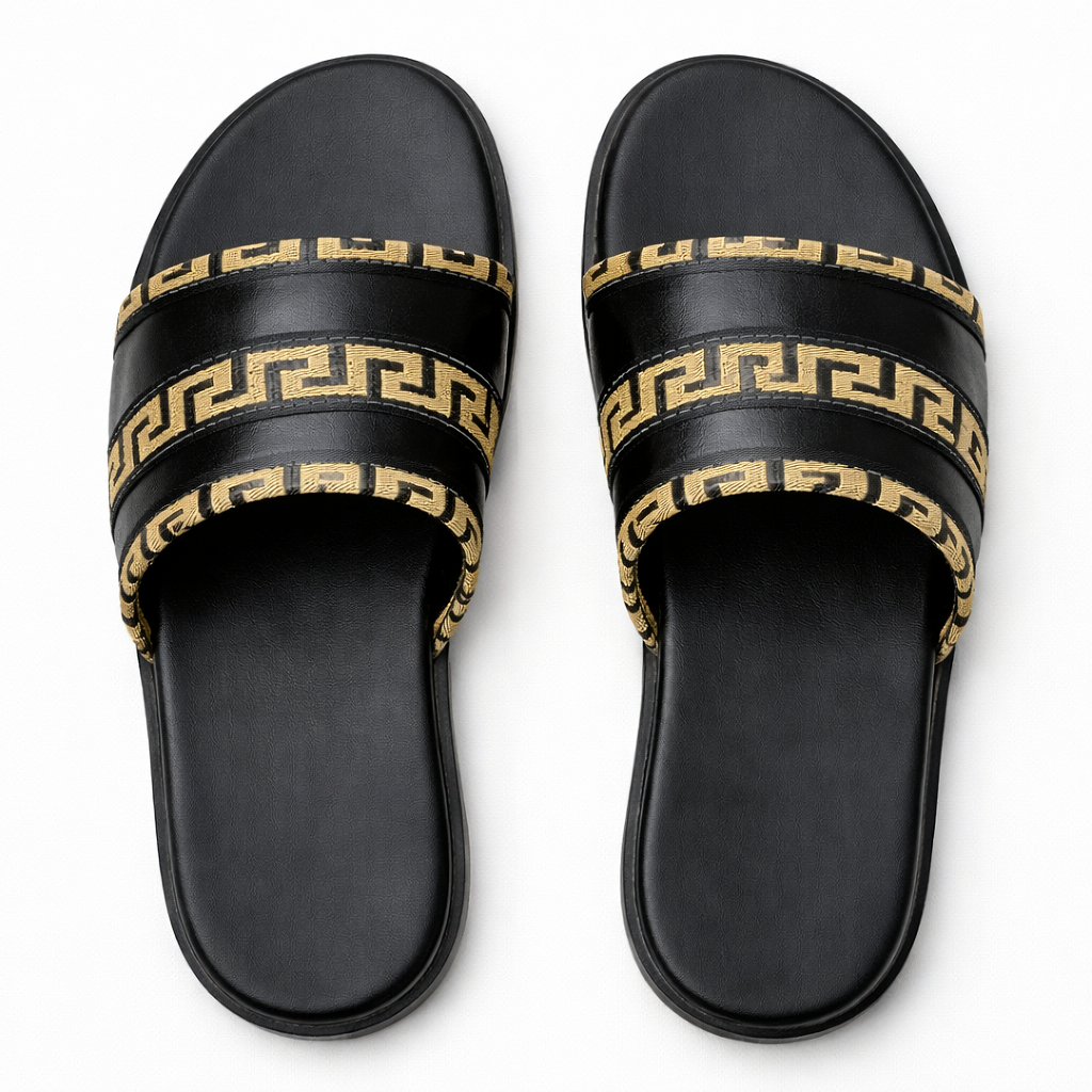 Black Luxury Slide Sandals with Gold Pattern for Men